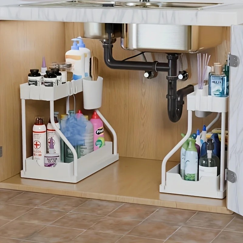 Space Saving 2 Tier Under Sink Organizer,Pull Out Storage Bo 2