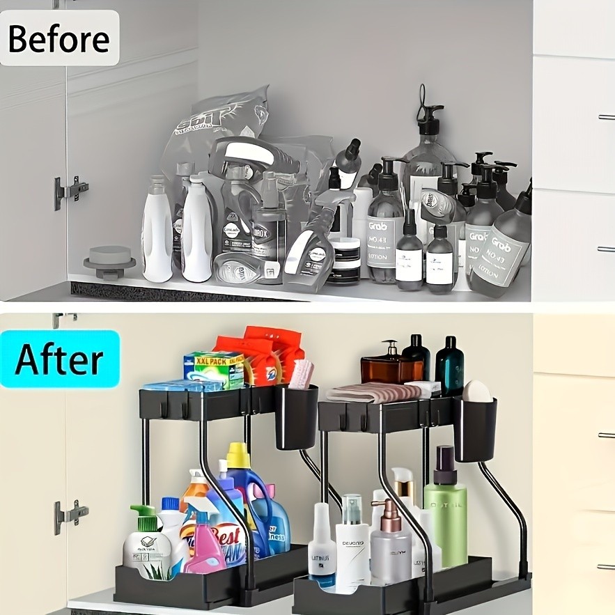 Space Saving 2 Tier Under Sink Organizer,Pull Out Storage Bo 4