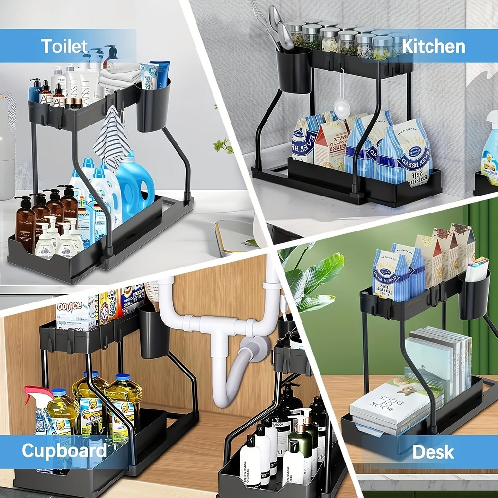 Space Saving 2 Tier Under Sink Organizer,Pull Out Storage Bo 5